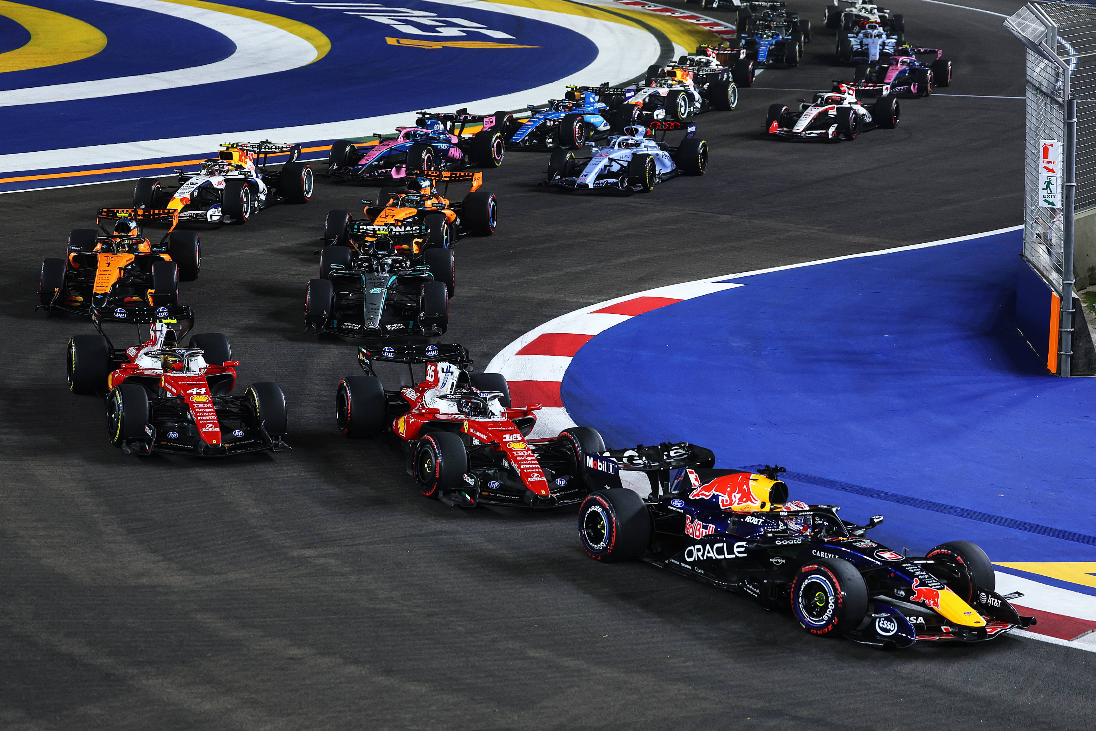 Max Verstappen and Charles Leclerc racing in the 2026 Formula 1 season