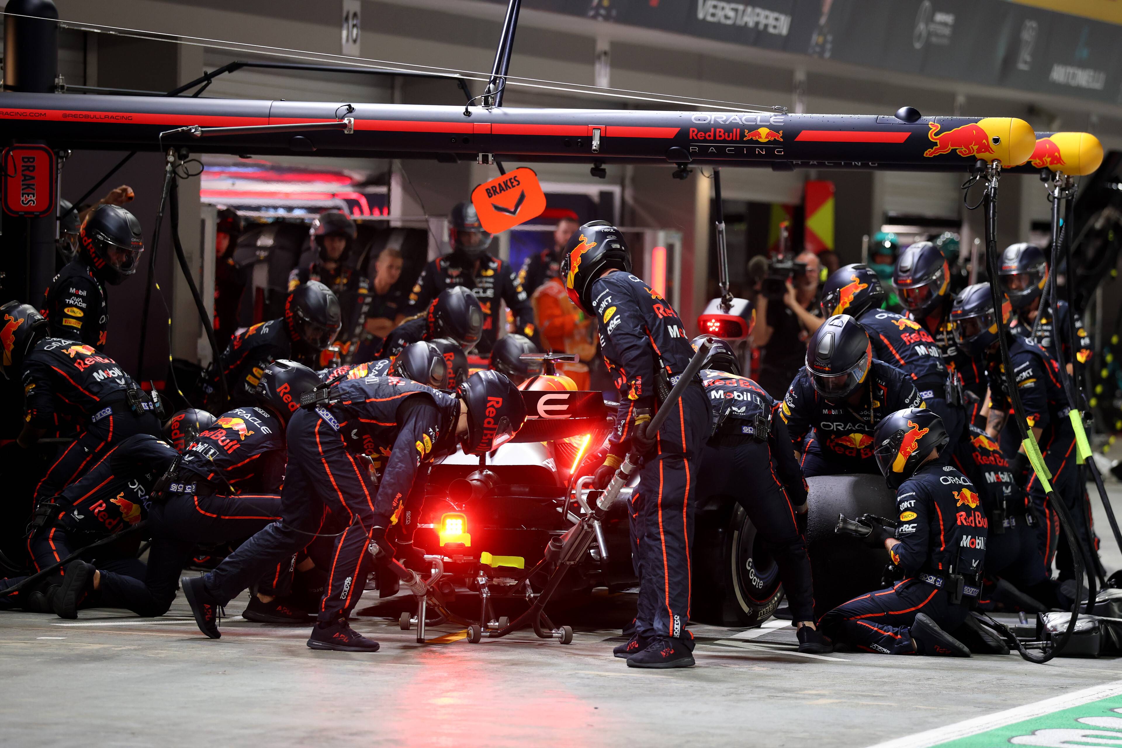 Red Bull Racing pit crew working on a Formula 1 car during the 2026 season