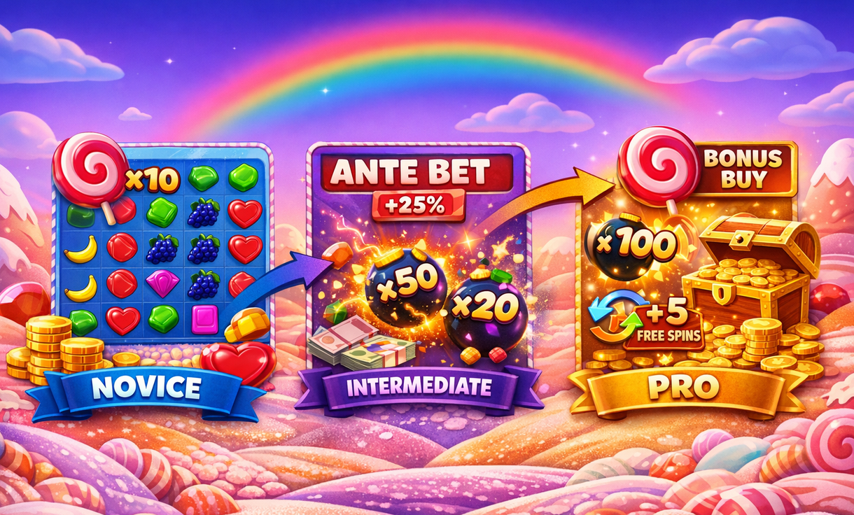 Interfaz de análisis de bonos y volatilidad en un slot online como Sweet Bonanza